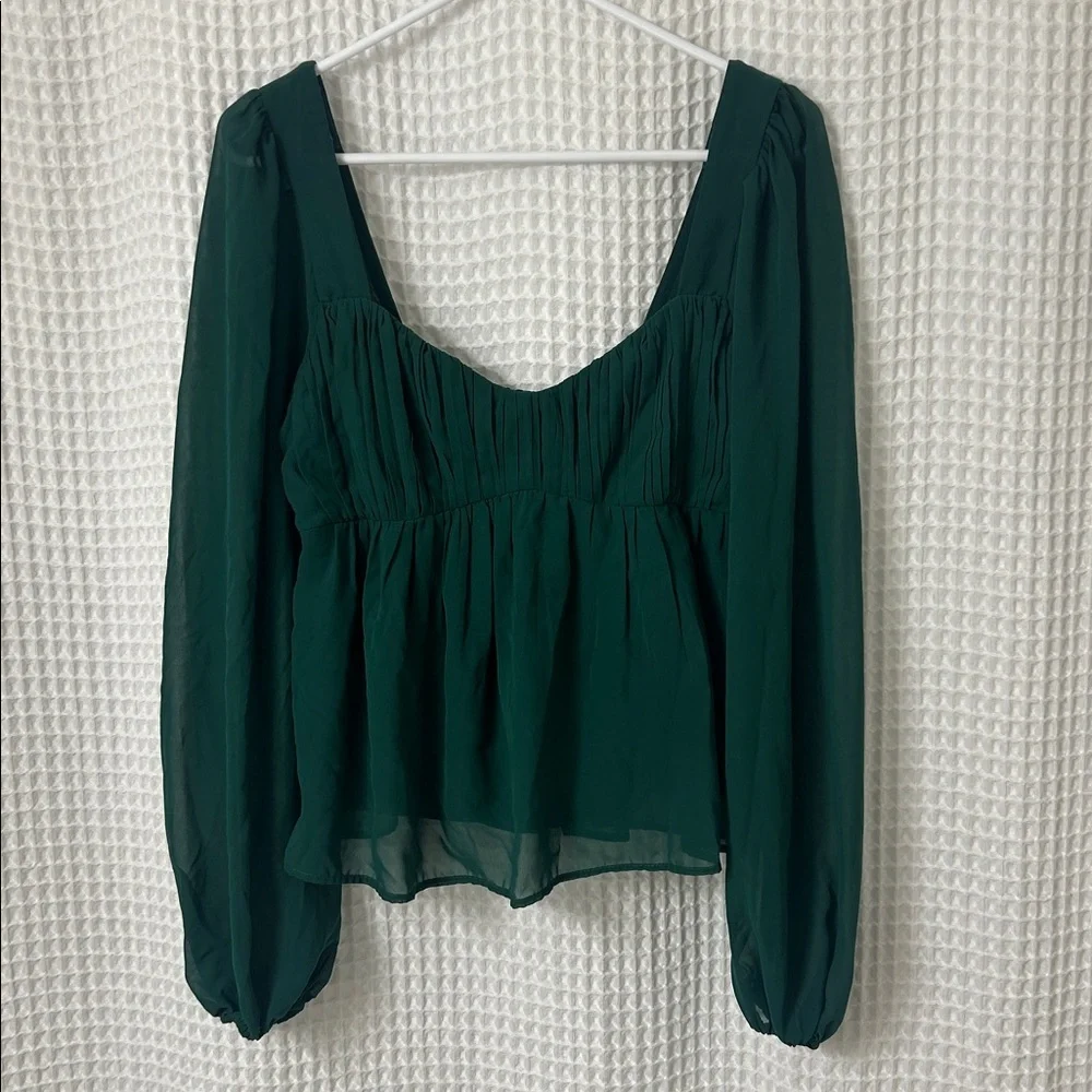 Abercrombie & Fitch Emerald Green Babydoll Blouse Sheer Puff Sleeves Medium